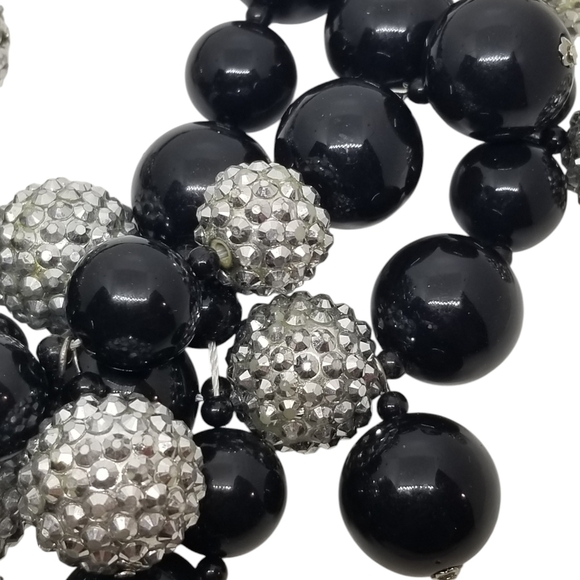 VINTAGE BLACK & SILVER SPARKLE BEAD LAYERED CHUNKY STATEMENT NECKLACE - Picture 4 of 7